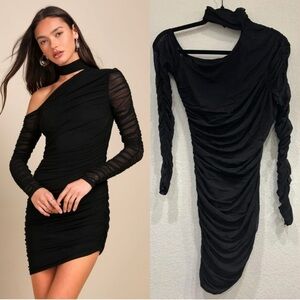 NWOT Lulus Exclusively Alluring‎ Black Mesh Ruched Cutout Mini Dress